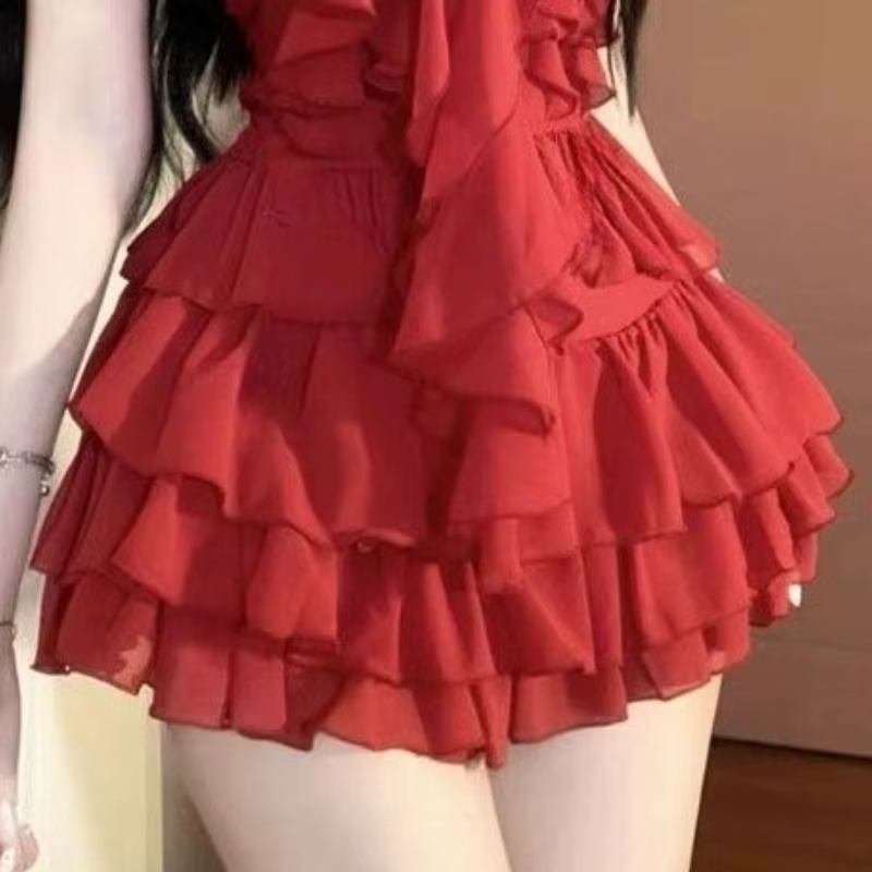 Sexy à volants coupe ajustée licou femmes hauts Mini jupe 2 pièces ensemble fille chaude Style Desig