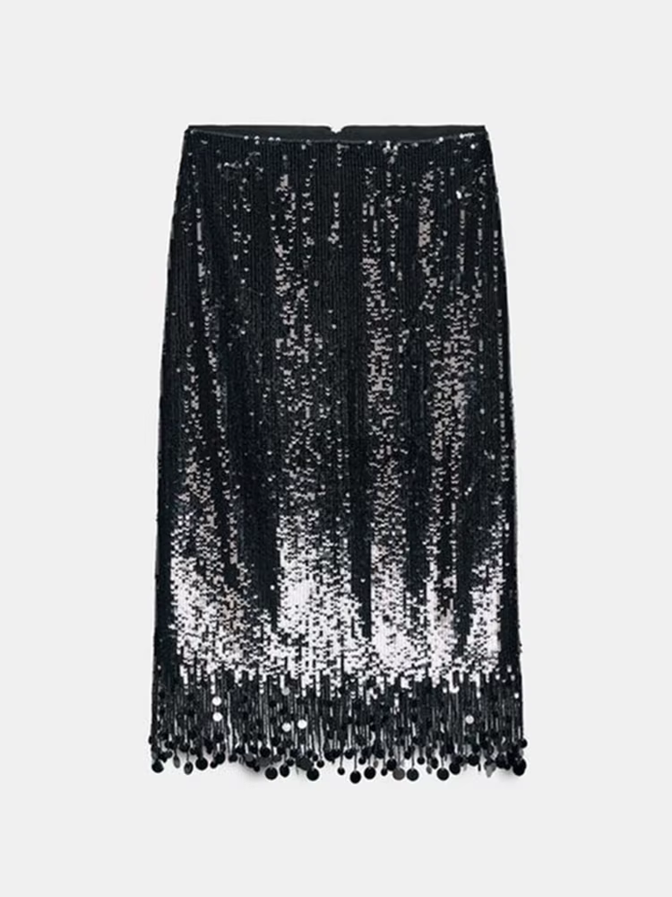Jupes longues à paillettes pour femmes, taille haute, glands, brillant, paquet de hanche, gaine, vêt