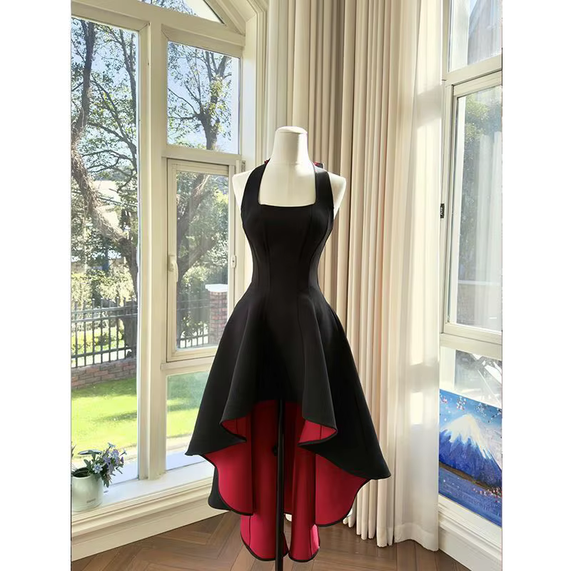 Robe noire premium asymétrique (courte devant, longue derrière) pour femme, Nouvelle collection Prin