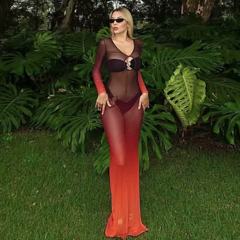 Robe longue à panneaux transparents dégradés pour femmes, Sexy, col en v, manches longues, Slim, rob