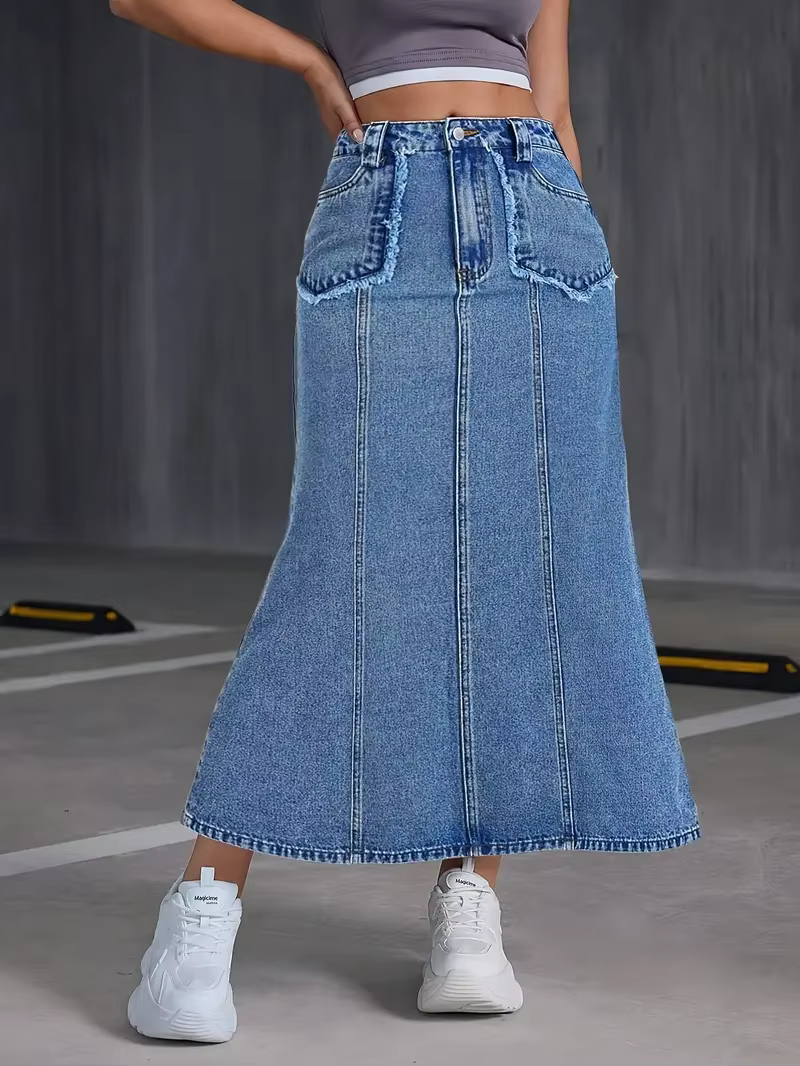 Jupe mi-longue pour femme, nouveau style, en denim extensible avec poches et détails articulés