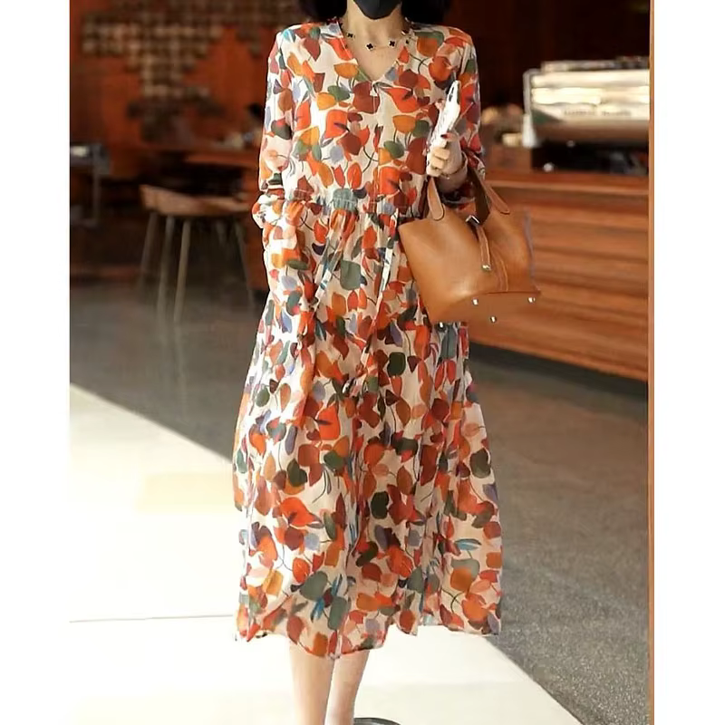 Robe mi-longue imprimée à manches longues pour femmes, col en V coréen, à lacets, robes élégantes po