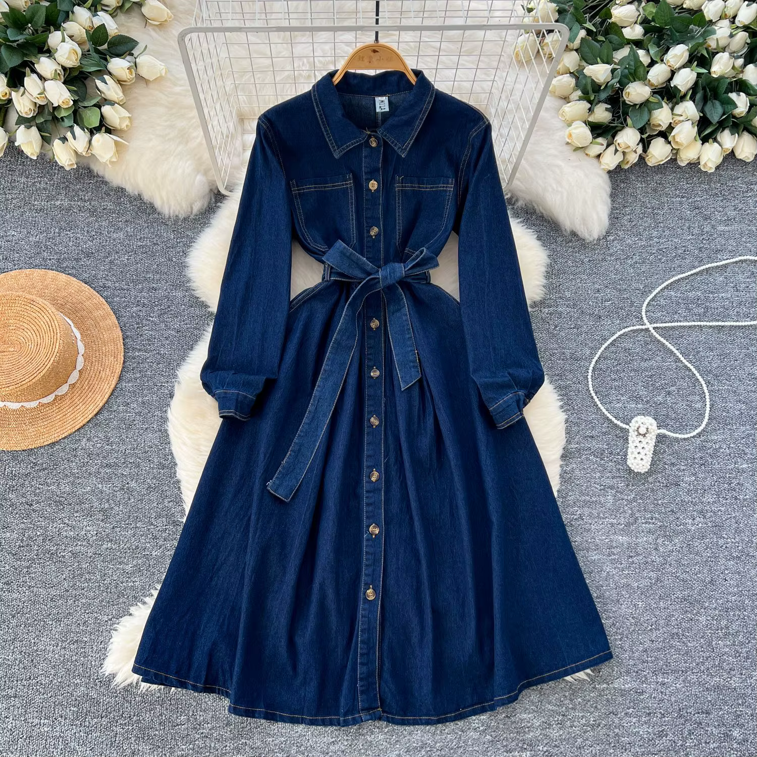 Robe longue en jean pour femme, coupe trapèze, style Y2K streetwear, manches longues, laçage, taille