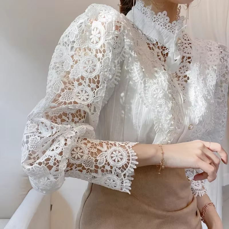 Chemisier Chic à manches longues et col haut pour femmes, haut élégant à manches creuses à panneaux