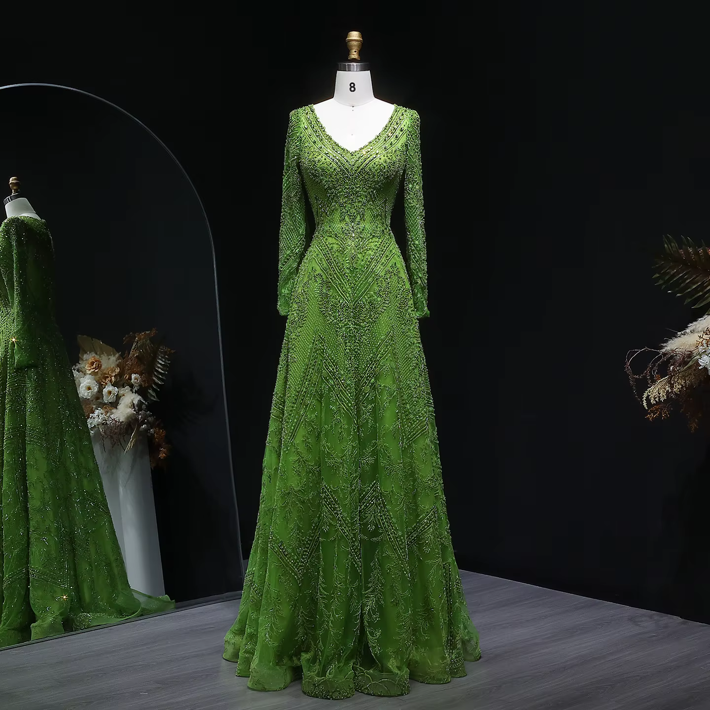 Sharon Said – robe de soirée vert citron, manches longues, col en V perlé, ligne A, robes de bal for