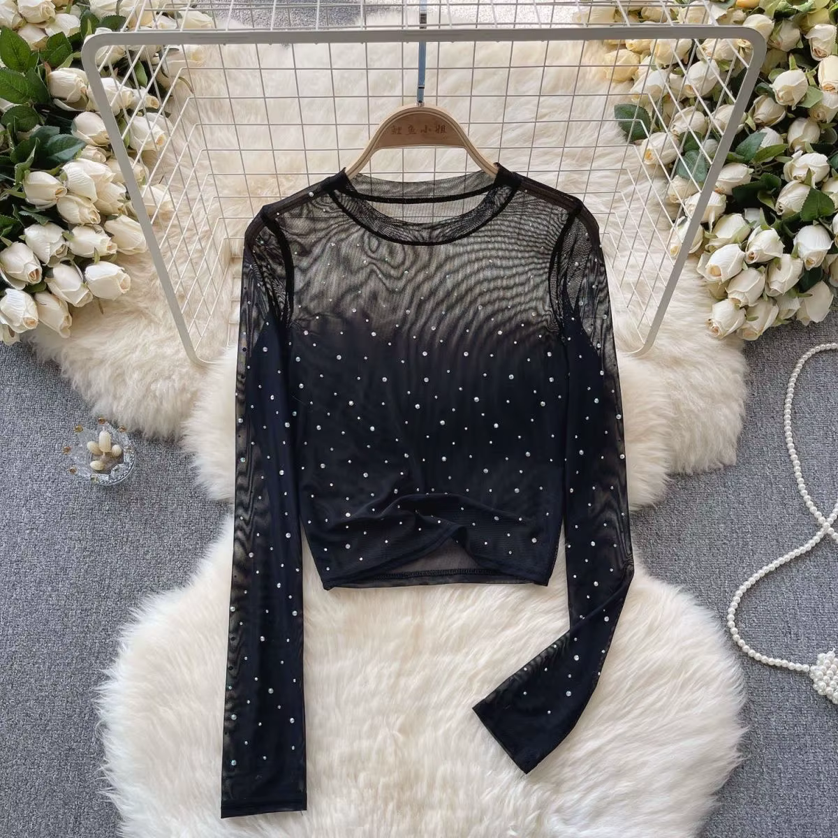 Haut en maille à paillettes à manches longues pour femmes, chemise à bascule intérieure Chic et Sexy