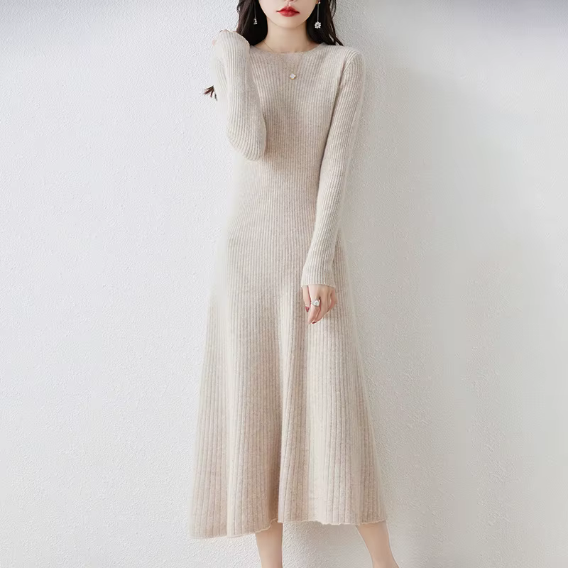 Robe pull en laine mérinos 100% coupe ajustée pour femme, couleur unie, chaude et douce, style mode