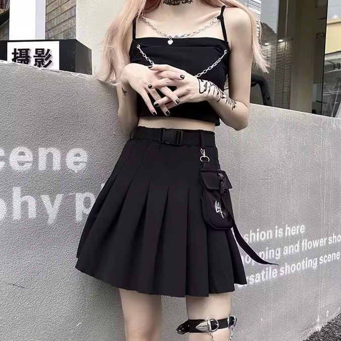 Jupe noire pour femme, style Harajuku, tendance, jupe plissée taille haute, jupe courte