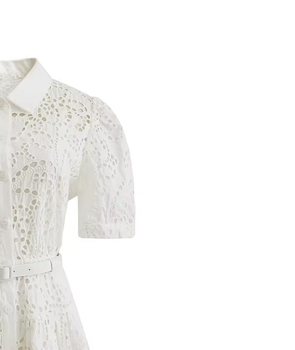 Robe brodée blanche pour femmes, manches courtes et taille pour dames de bureau, robe chemise élégan