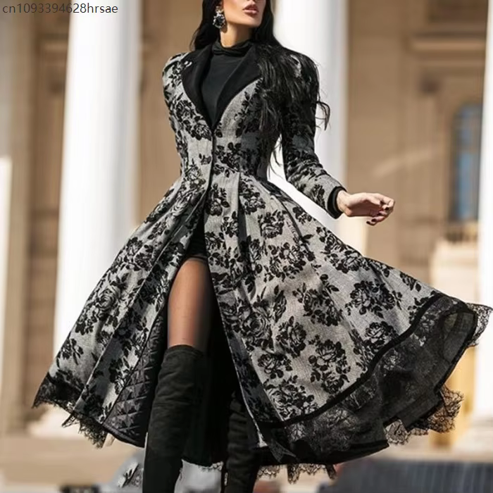 Robe femme automne hiver dame manteau 2025 à manches longues médiévale dentelle couture veste mince 