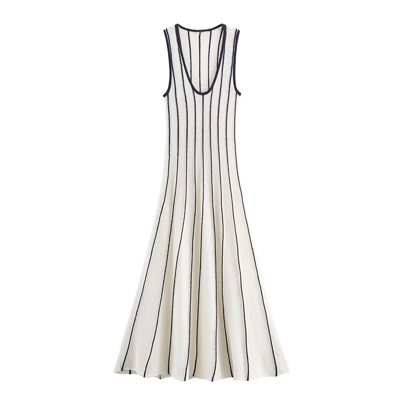 Robe longue tricotée Chic à rayures pour femmes, col rond, sans manches, cintrée à la taille, drapée