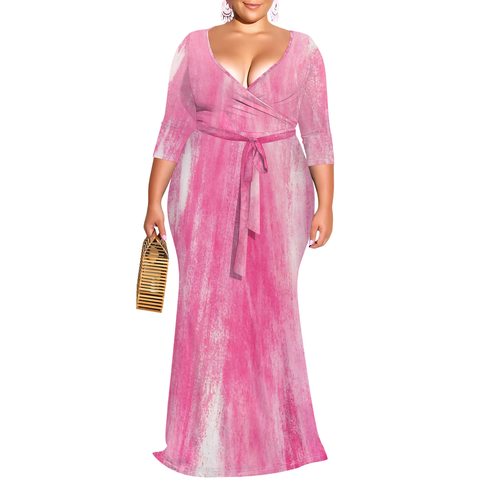 Robe longue dégradée pour femmes, manches 3/4, col en V profond, rouge, blanc, marron, portefeuille,
