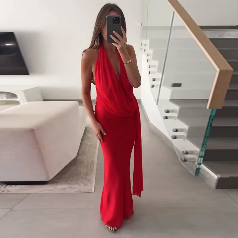 Robe longue sexy rouge à ruban, col halter, sans manches, dos nu, plissée, pour femme, collection ét