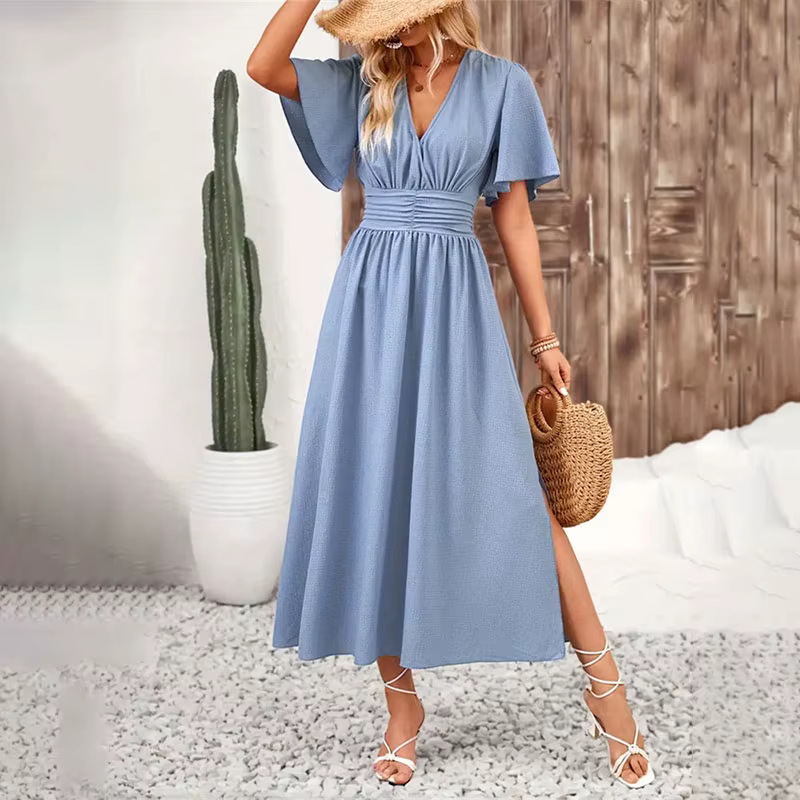 Robe Longue Plissée à Volants pour Femme, Tenue Chic, Col en V, Manches Courtes, Couleur Unie, Noire