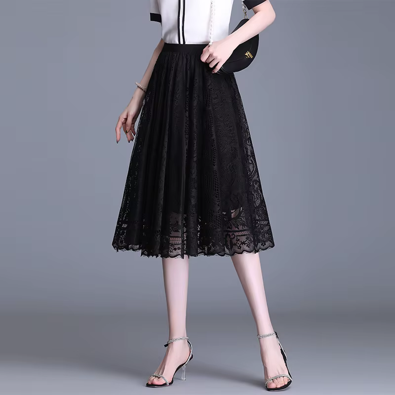 Jupe plissée en dentelle pour femme, taille élastique, drapeau drapé, grande ligne A, noir, beige, m