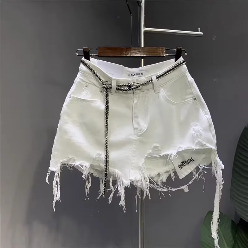 Nouveau coréen blanc brut jupe en jean irrégulière femmes Anti-marche trou nu poche exposée jupe cou