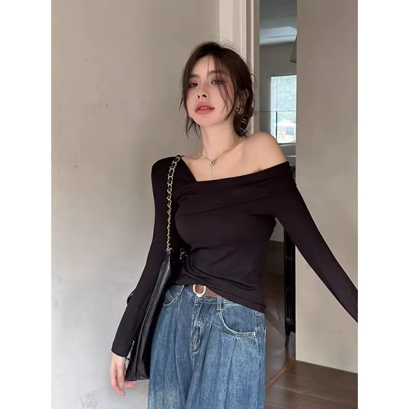 Clavicule T-shirt à manches longues pour femmes automne épaule Oblique haut à une épaule avec épaule