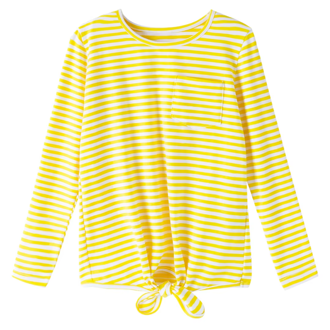 Haut à manches longues rayé jaune-blanc pour fille – Ourlet et poche avec nœud, t-shirt mignon et co