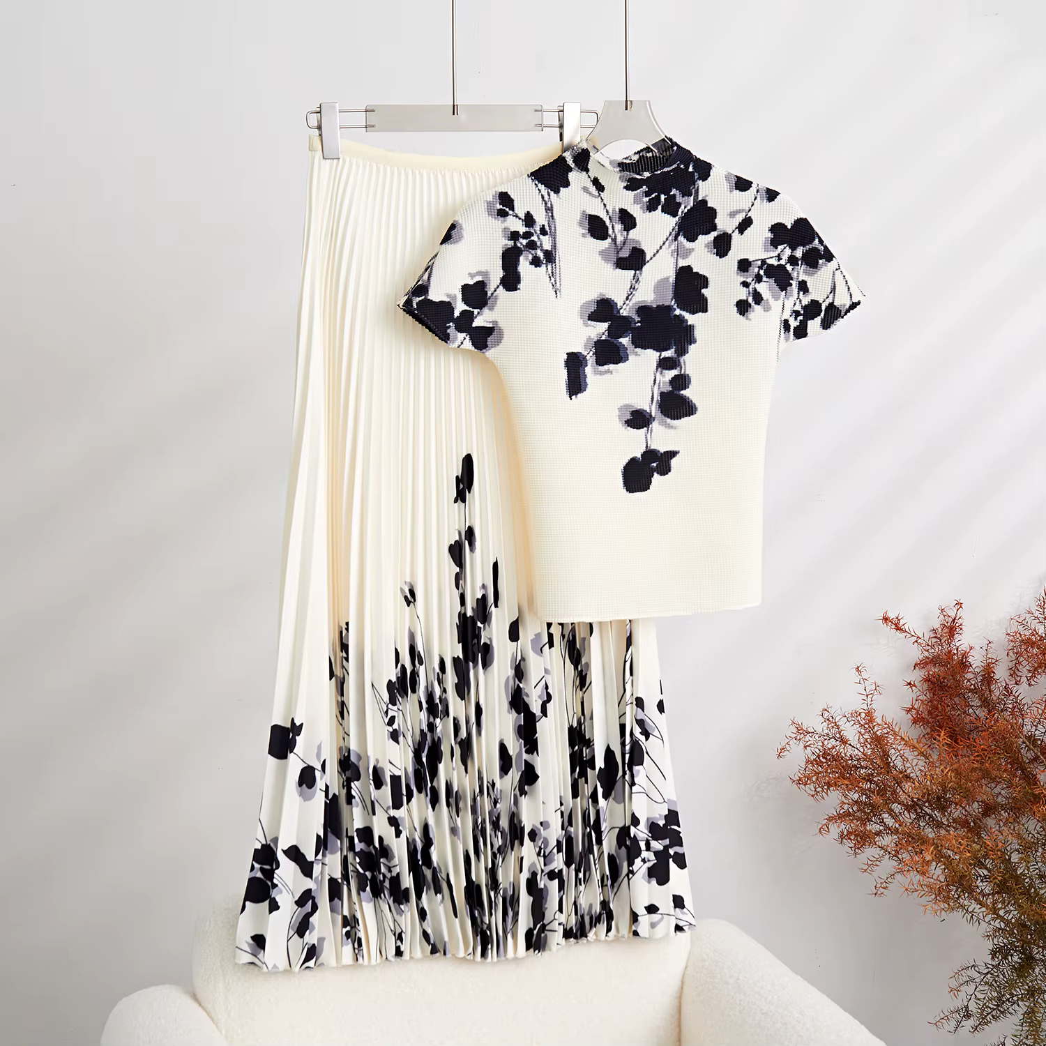 Jupe longue à manches longues pour femmes, t-shirt plissé, ensemble deux pièces, mode féminine, haut