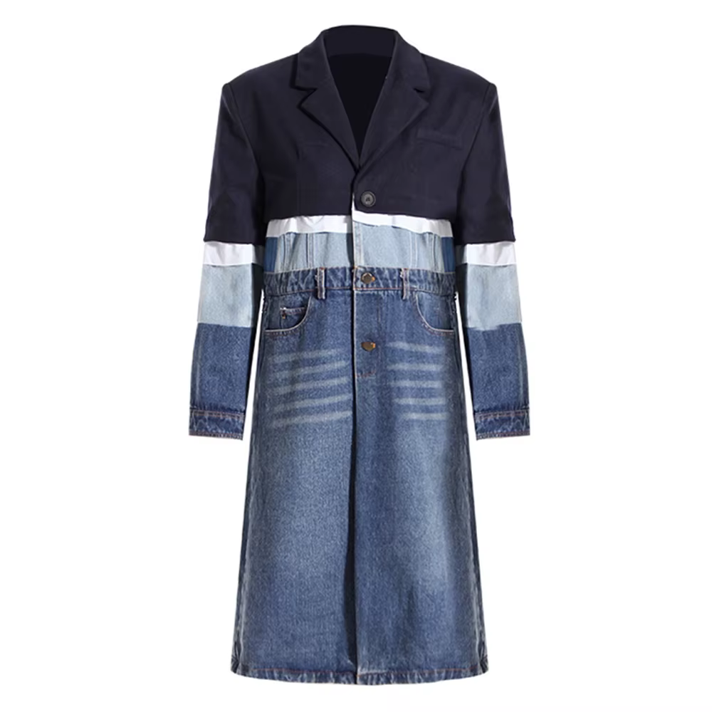 Élégant contraste à manches longues Denim veste femme 2025 automne hiver col rabattu Jean Trench man