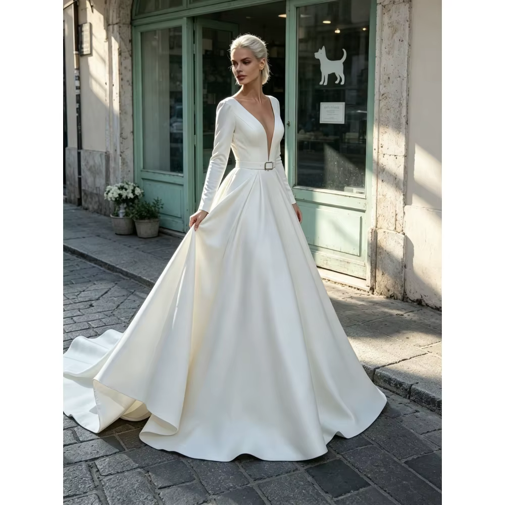 Robe de mariée personnalisée simple à manches longues, col en V, en satin, coupe trapèze, 2026, mode