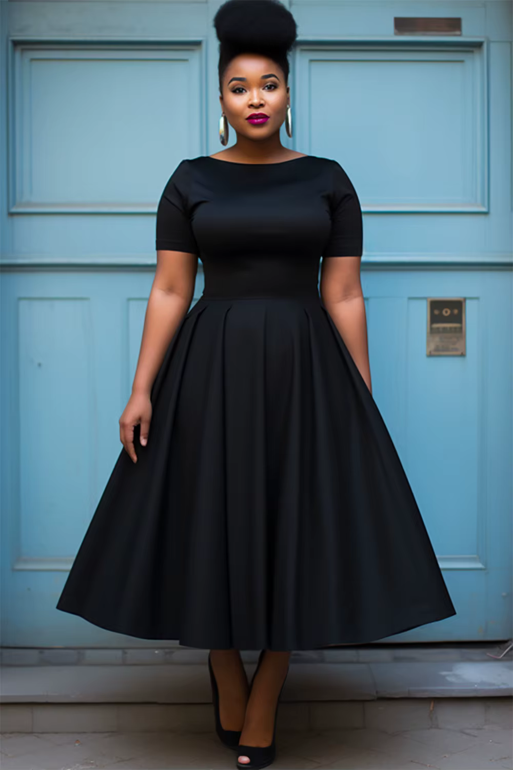 Femmes grande taille robe noire à manches courtes été décontracté plissé a-ligne basique longue robe