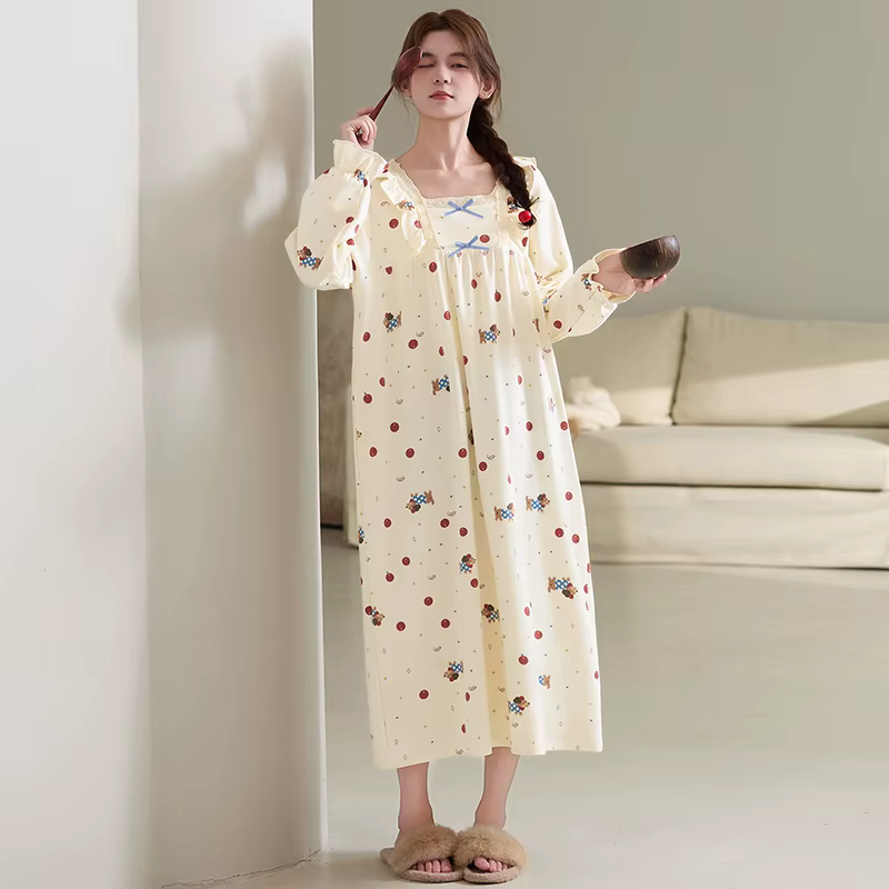 Date M-4XL femmes à manches longues chemise de nuit femme tricoté coton vêtements de nuit robe de nu