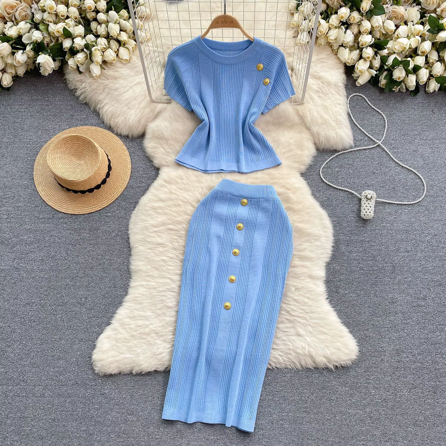 Ensemble jupe deux pièces pour femmes, robe, manches courtes, hauts tricotés, taille haute, jupes lo