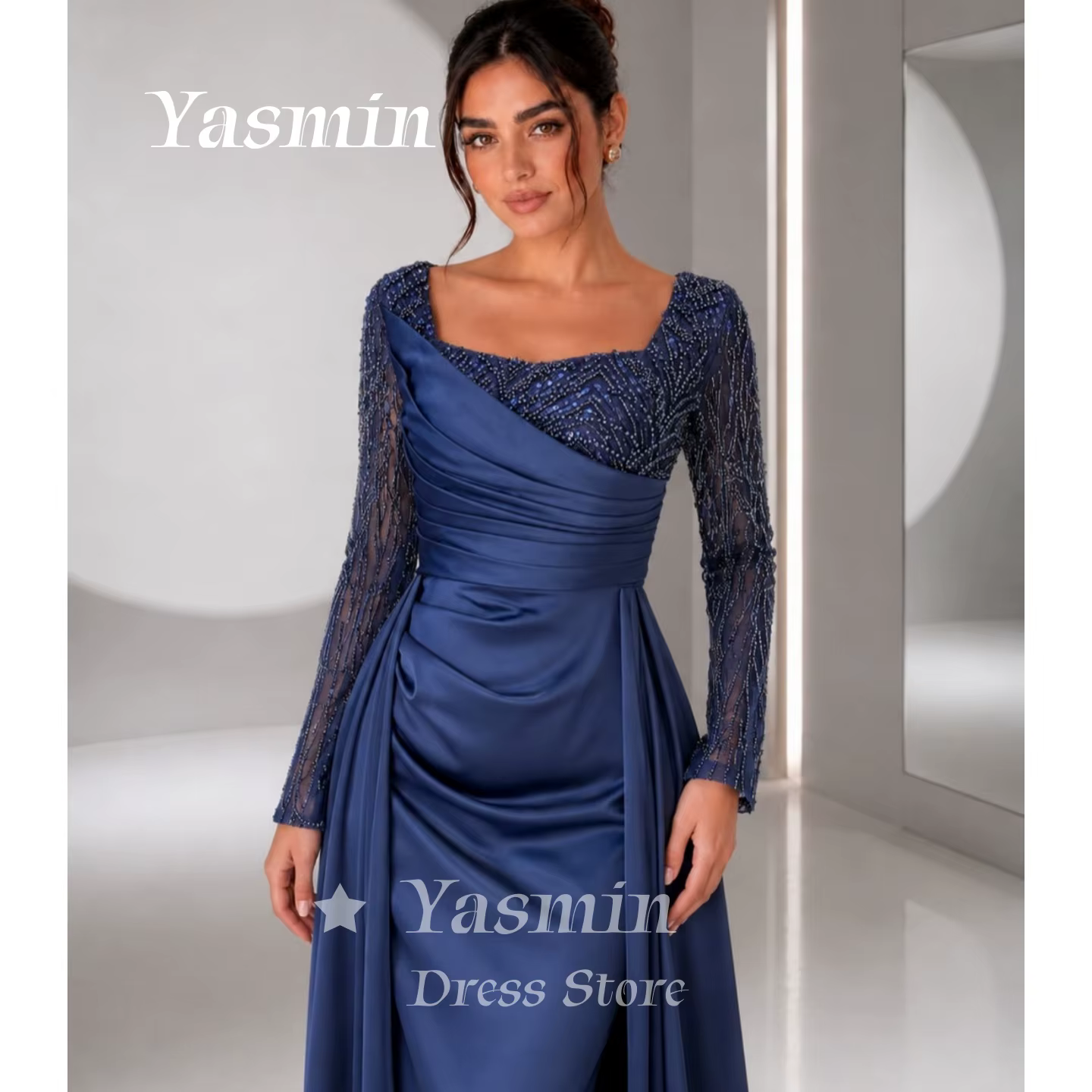 Robe de soirée de luxe bleu marine et noire pour femme saoudienne, col carré, robe de bal longue en 