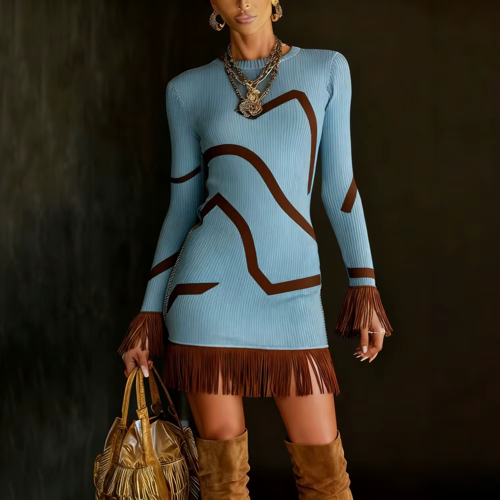 Robe longue à franges à manches longues pour femmes, style Boho Chic avec rayures imprimées, ourlet 