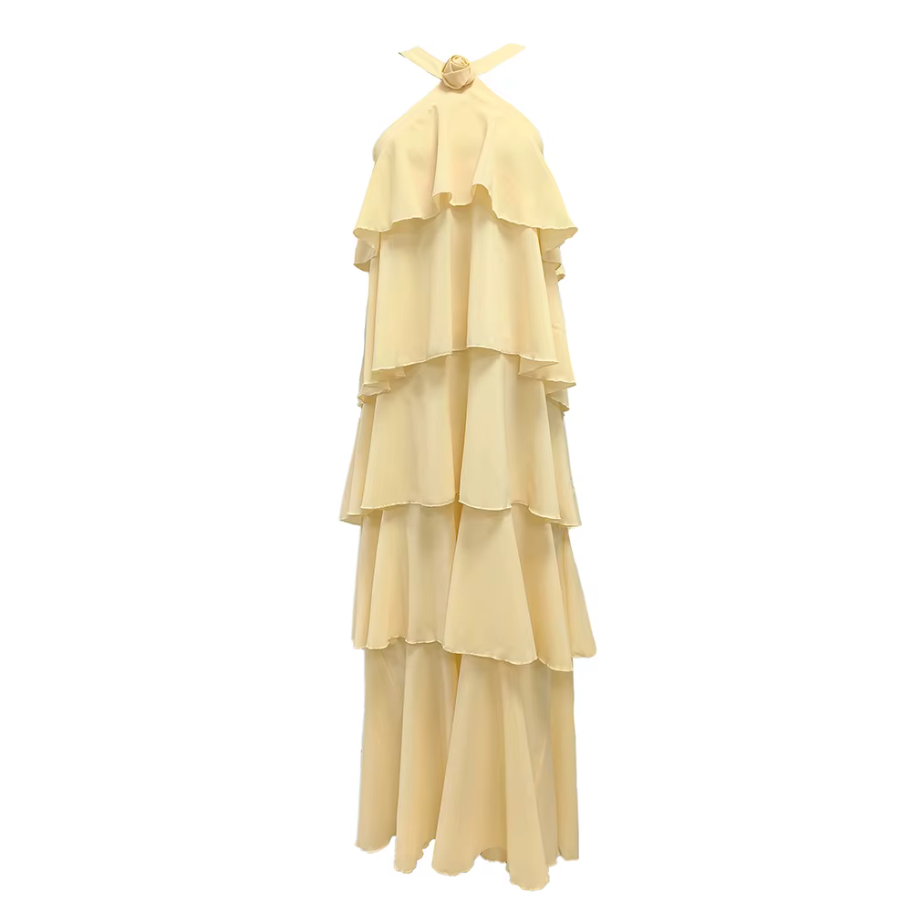 Robe longue jaune élégante à plusieurs niveaux – Robe sans manches en mousseline de soie, col licou,