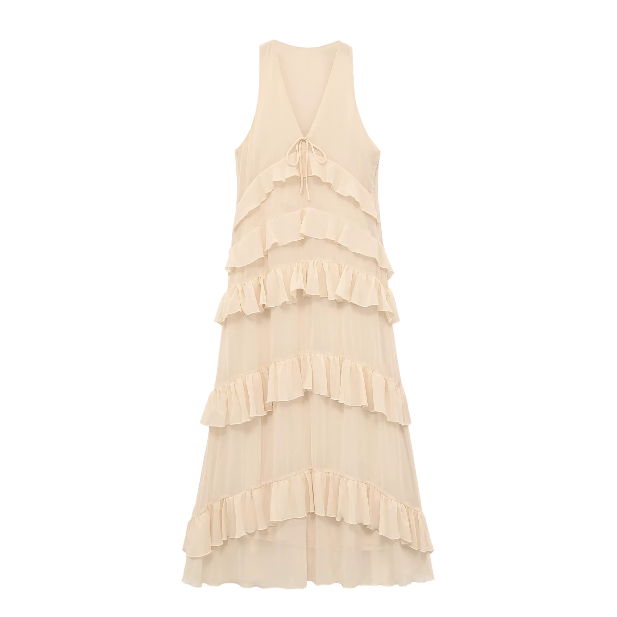 Robe midi élégante beige pour femme, nouvelle collection printemps-été, robe chic en mousseline sans