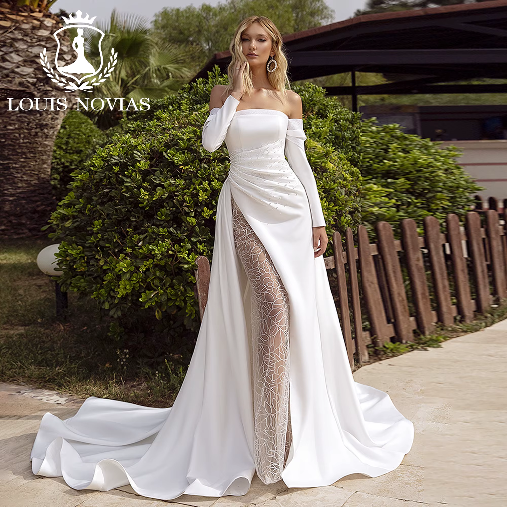 LOUIS NOVIAS robe De mariée sirène à manches longues haut De gamme sans bretelles perles Court Train