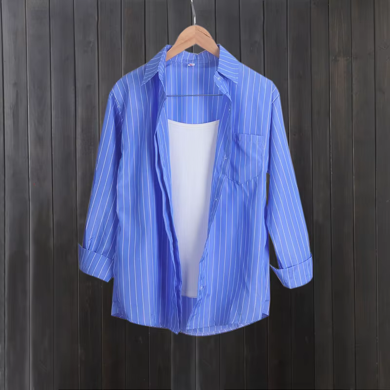 Chemise d'été à rayures bleues pour femmes, costume avec chemise à manches longues pour haut mi-long