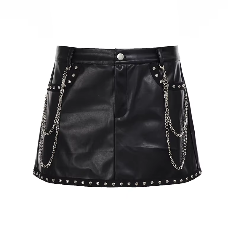 Mini-jupe noire en similicuir PU taille basse avec rivets et chaînes, style streetwear punk polyvale