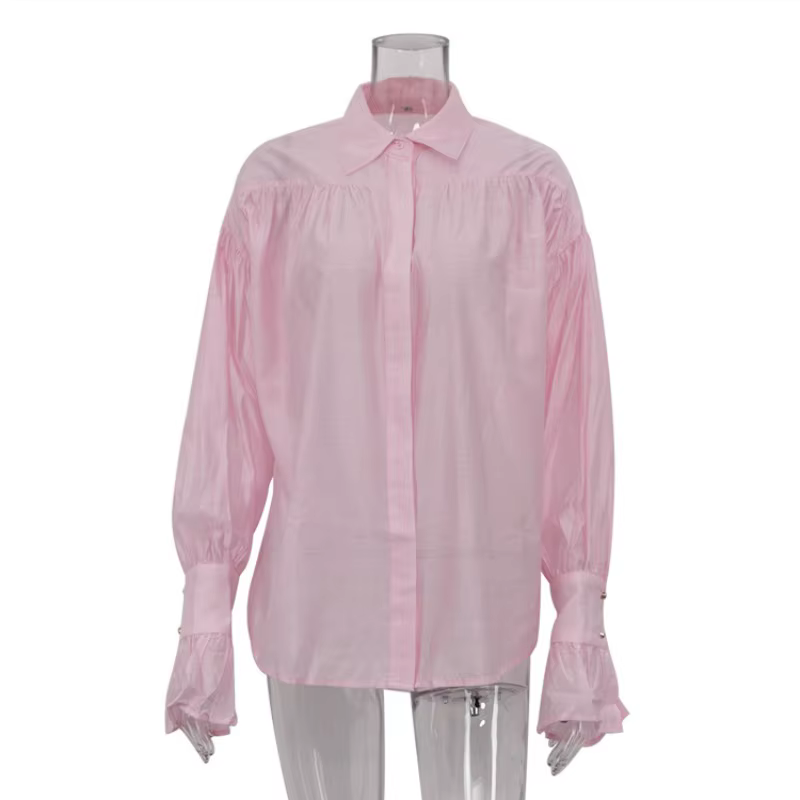 Chemisier élégant à manches longues pour femmes, Y2K, plis amples, boutonné, chemise de petit ami, S