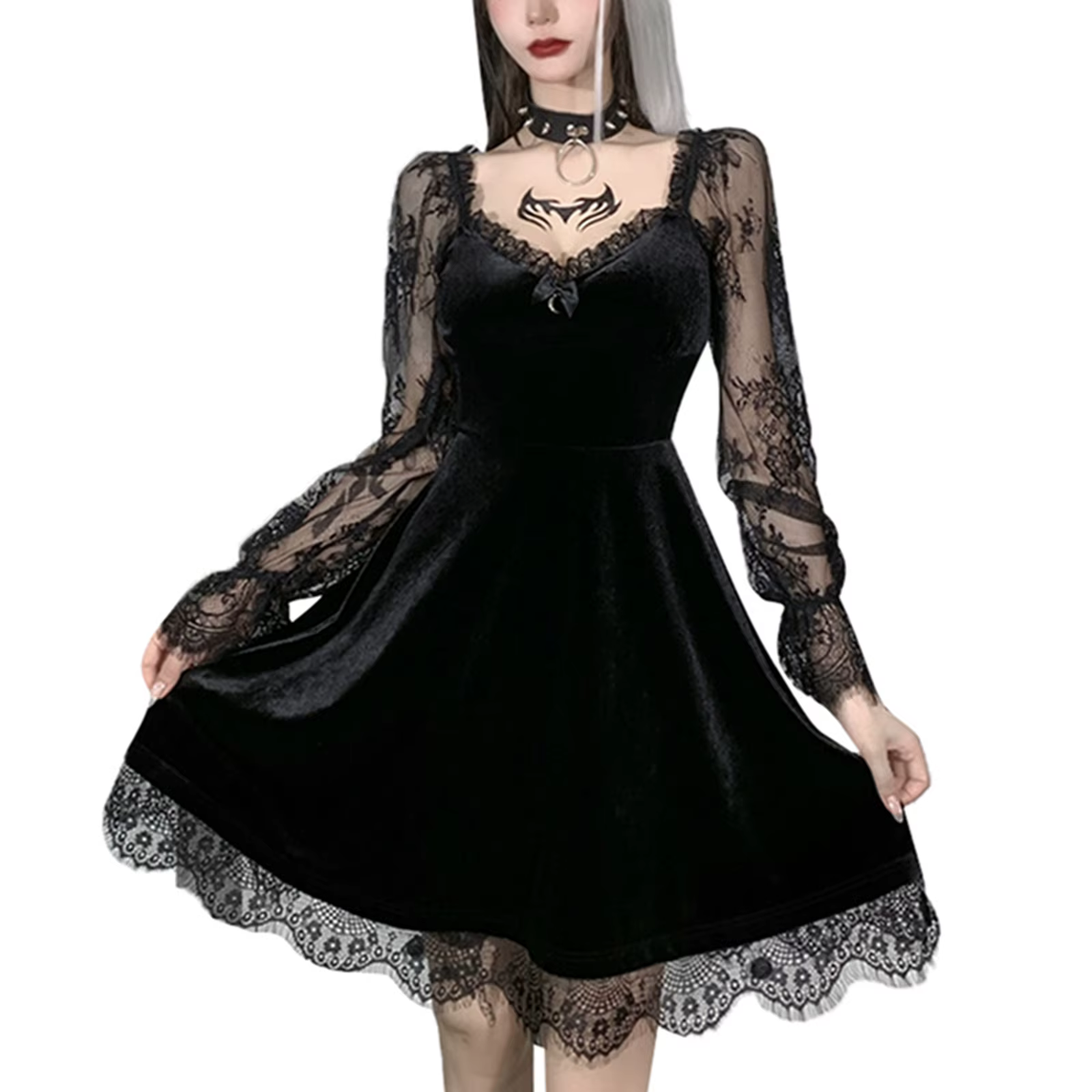 Robe cousue en dentelle à manches longues pour femmes, sexy, gothique foncé, document solide, nouvel