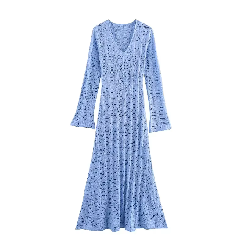 Robe longue tricotée pour femmes, col en v, manches longues, ajouré, taille cintrée, robes de soirée