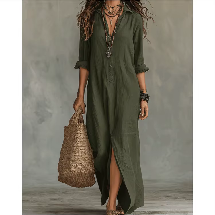 Robe longue maxi style bohème à boutons devant pour femme, printemps été