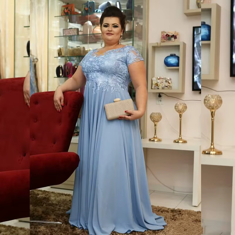 Robe longue bleu ciel pour mère de la mariée, grande taille, manches courtes, robes de soirée formel