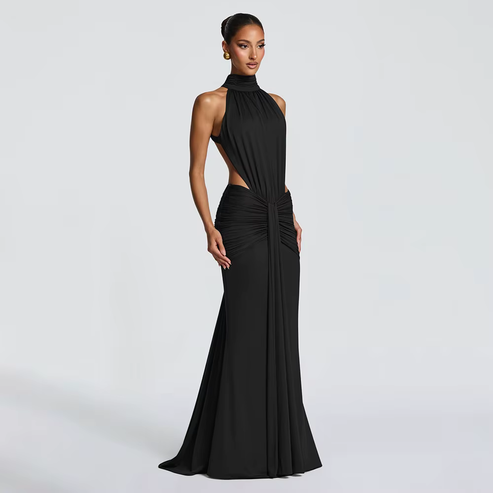 Robe longue élégante marron moulante et sexy pour femme, col roulé de luxe, dos nu, noire, pour soir