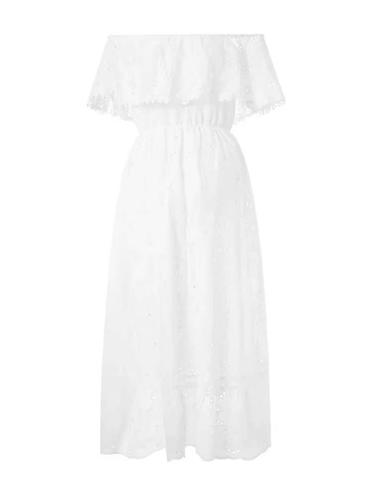 Robe longue en dentelle blanche style bohème pour femmes, manches courtes, à volants, décontractée,