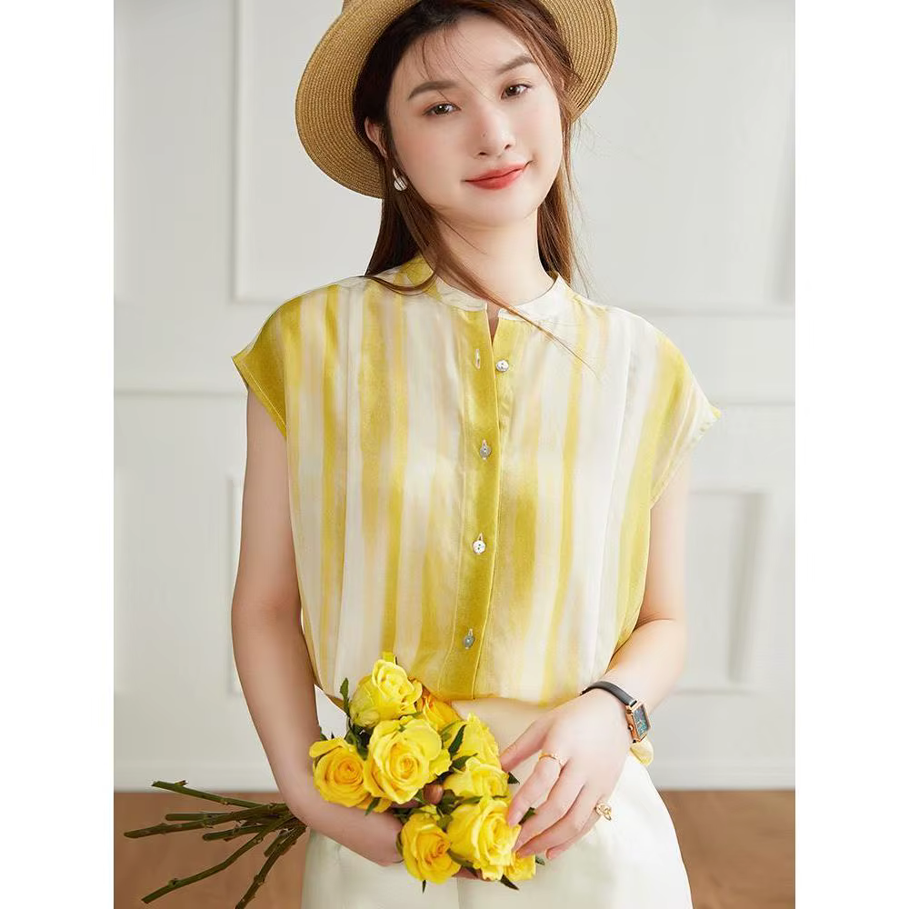 Chemise et chemisier en mousseline de soie pour femmes, jaune, fibre rayée, femme, été, boutonné, mo