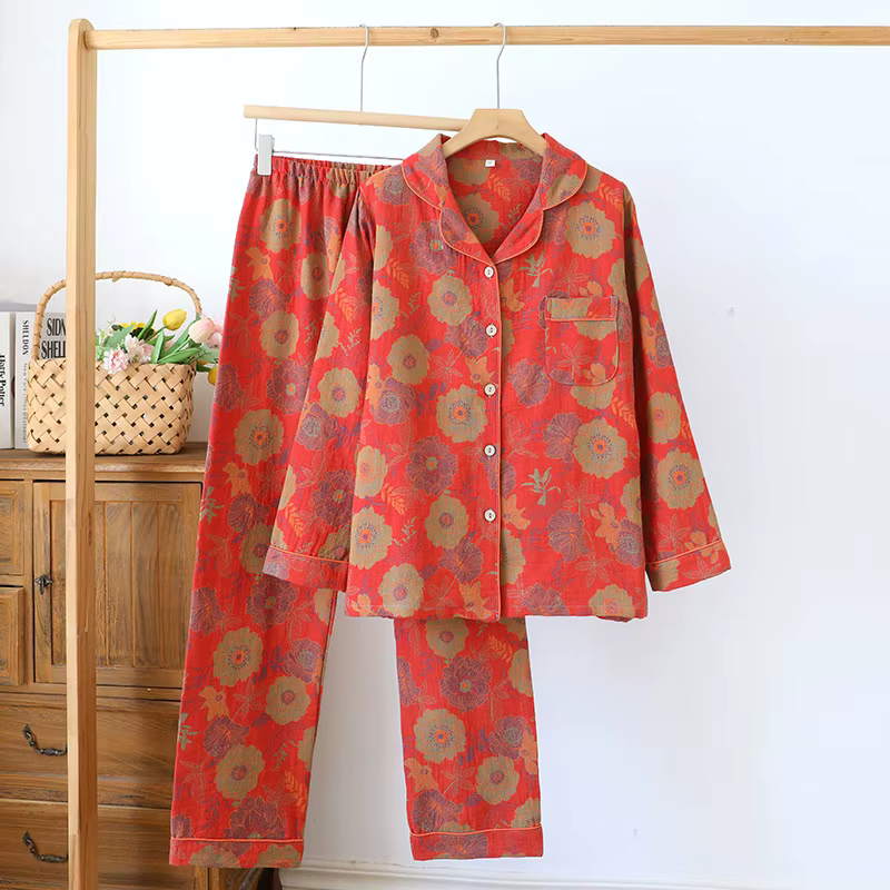 Pyjama deux pièces en crêpe 100% coton pour femme, costume à manches longues, pantalon, feuilles de 
