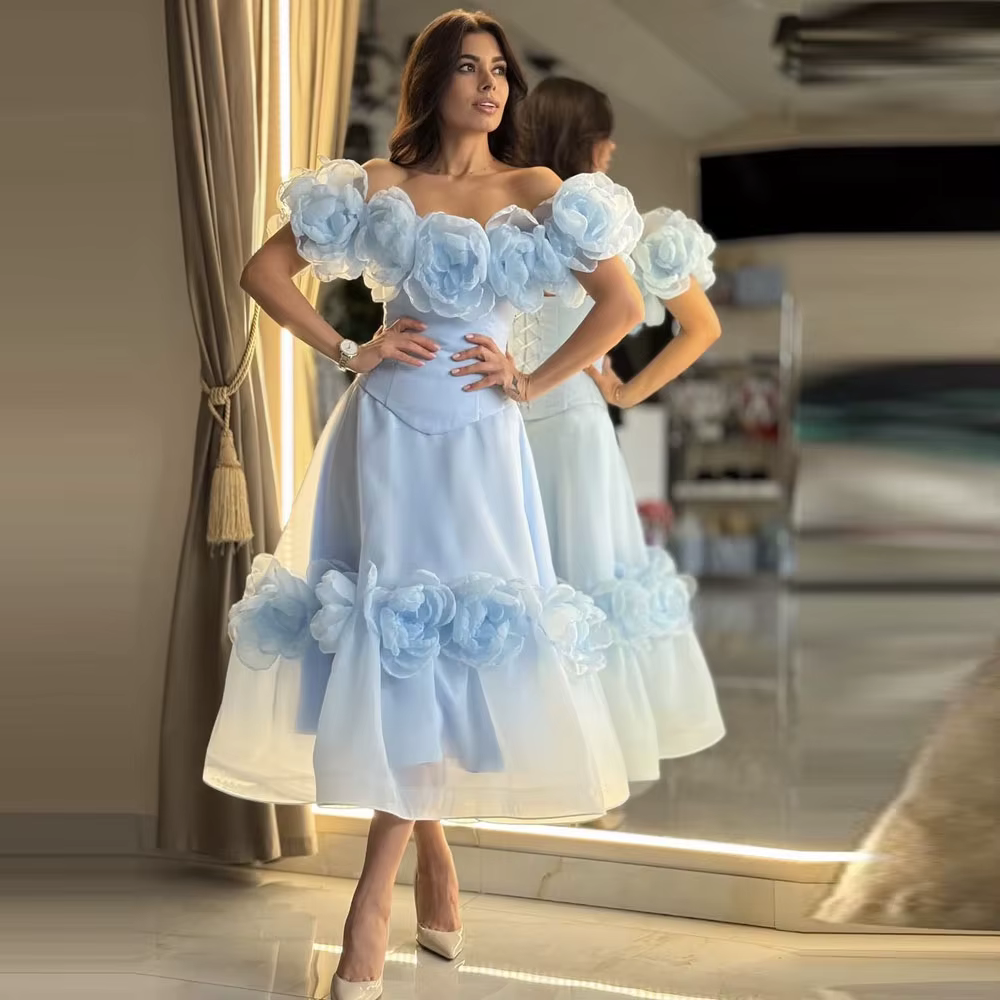 Robes d'anniversaire bleu ciel clair à fleurs, épaules dénudées, longueur cheville, ensembles deux p