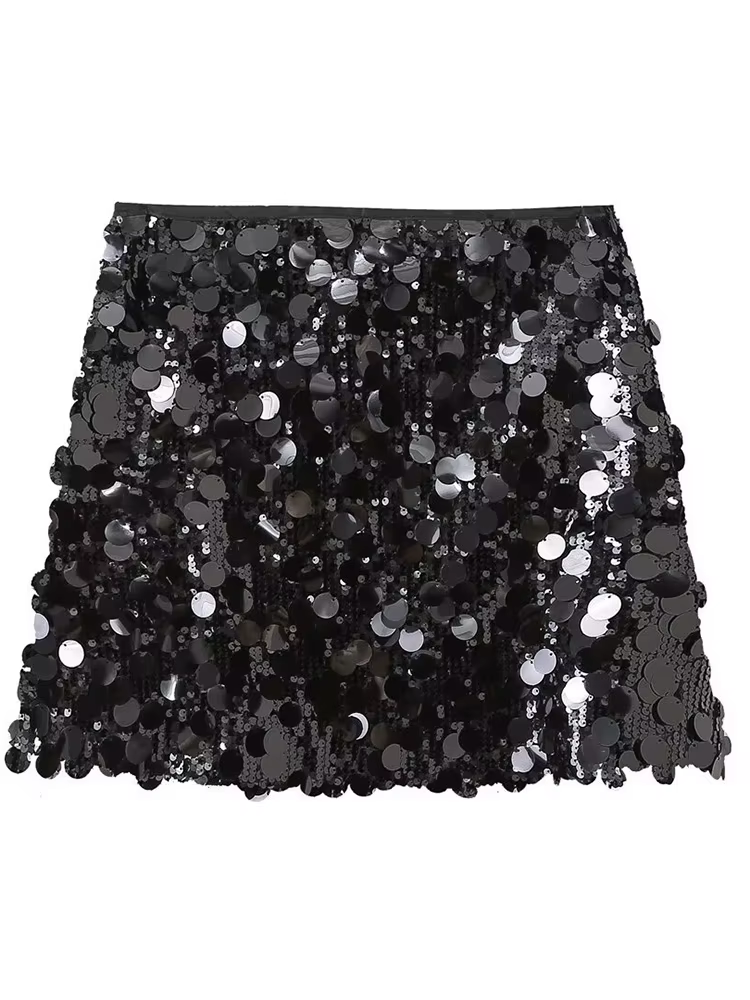 Mini jupe à paillettes pour femmes, fermeture éclair latérale, vintage, taille haute, chic, mode fém