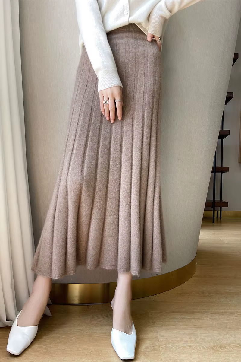 Jupe plissée mi-longue rayée au-dessus du genou pour femme, 100% laine mérinos, automne et hiver, no