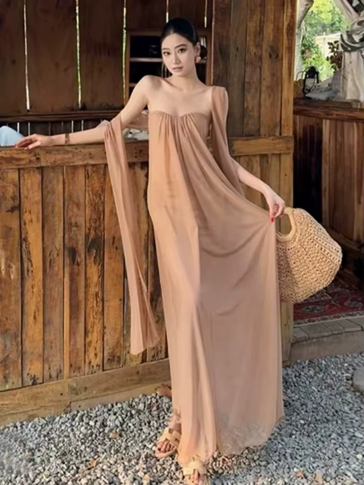 Robe longue sans bretelles pour femmes, Style plage, couleur unie, une pièce, Sexy, Streetwear, sans