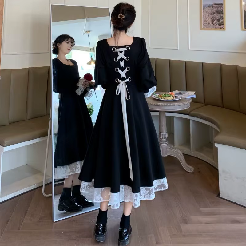 Robe à manches longues pour femmes élégantes Ins Black All-match Fashion Spring M-4XL Square Collar 