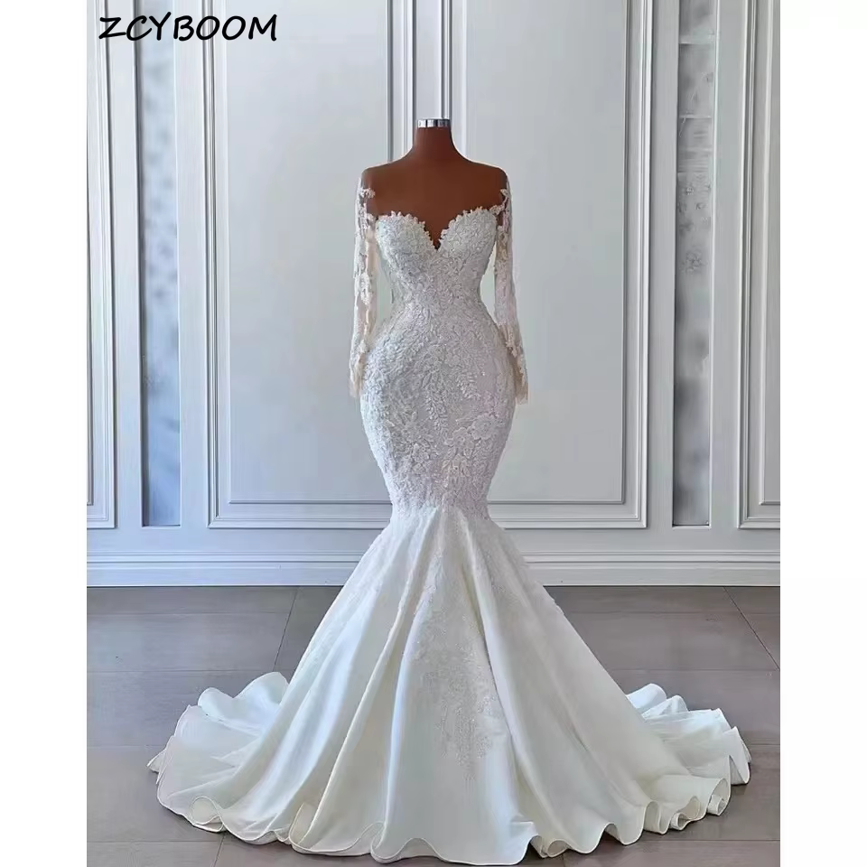 Robes de mariée de luxe sirène 2026, robe de mariée élégante, manches longues, illusion, perles, pai